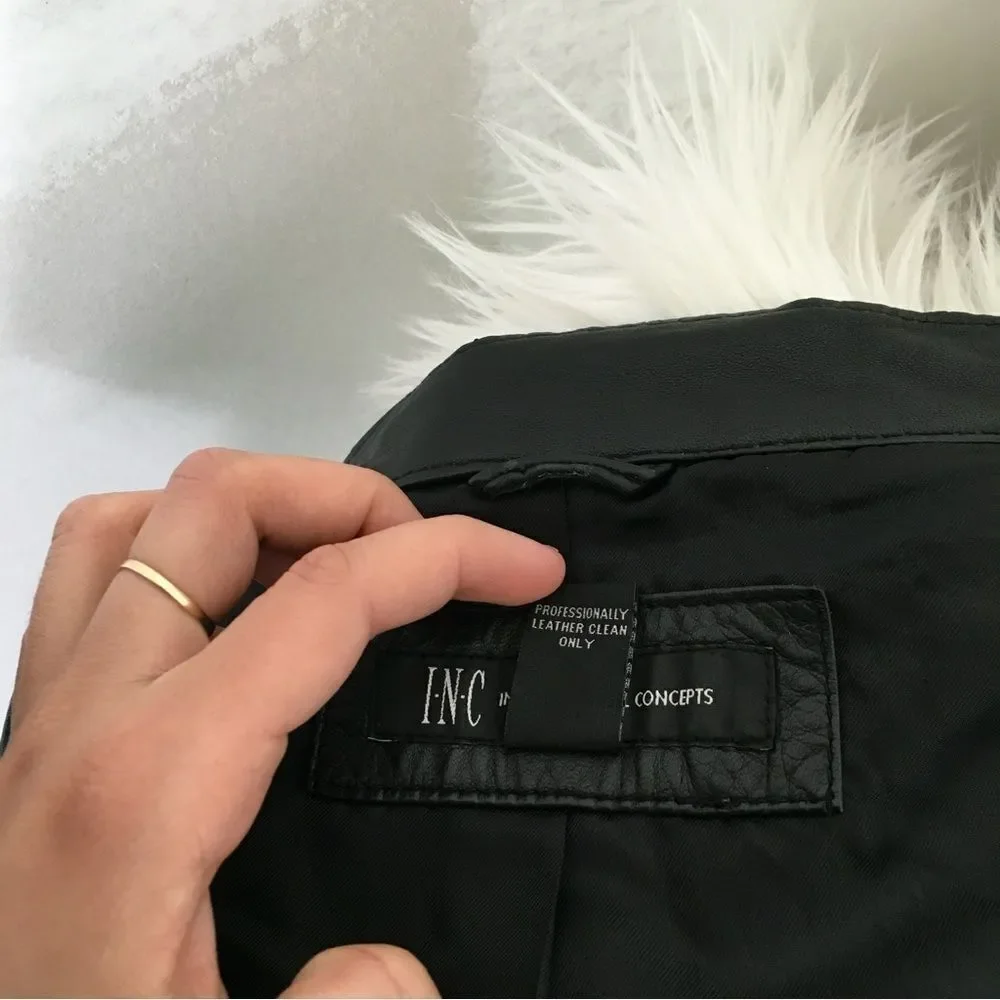 INC Black 100% Genuine Leather Center Zipper Motorcycle Jacket L